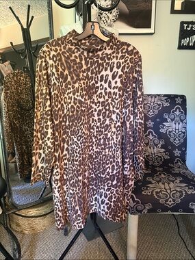 Roaman's Leopard Print Mock Neck Tunic - Brown/Beige